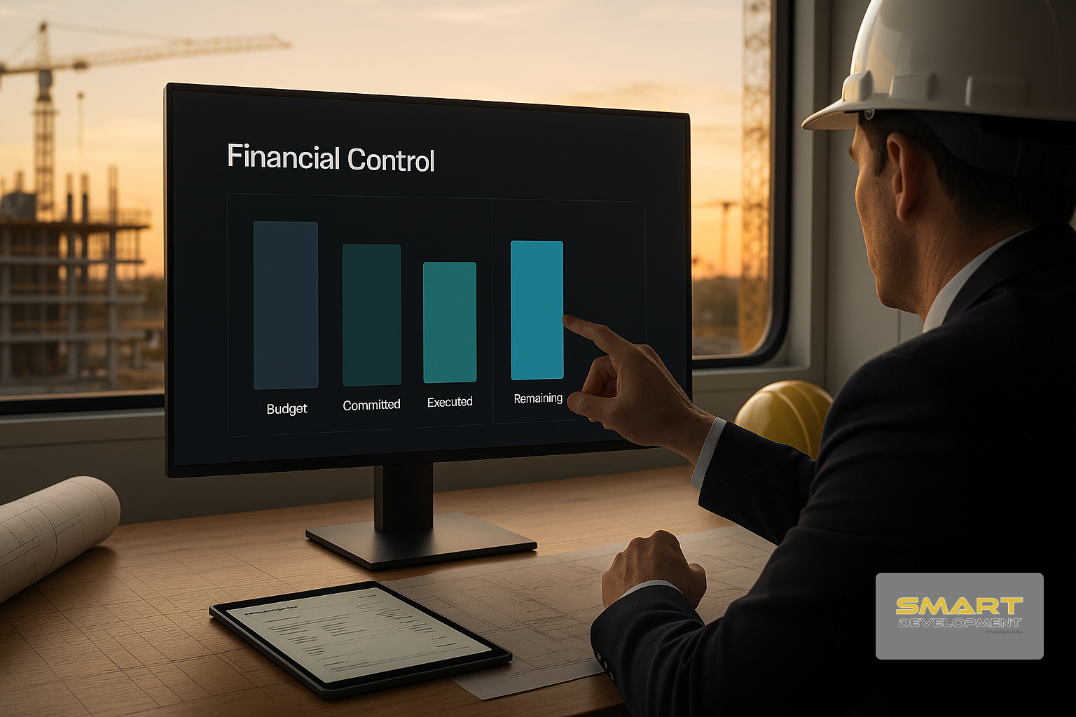 Project manager in a site office reviewing a budget control dashboard on a monitor, with columns representing budget, committed, executed, and remaining funds, and a construction site blurred in the background.