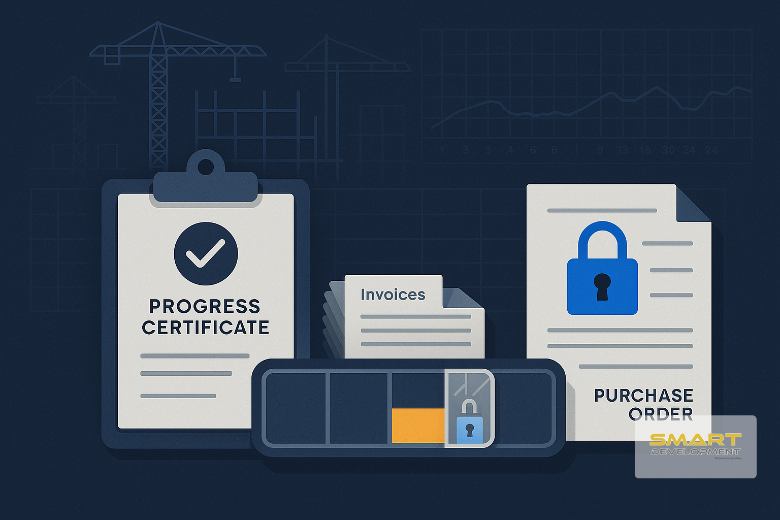 Isometric construction finance illustration showing a progress certificate, invoices, a segmented money bar with a locked retained portion, and blueprint-style cashflow timeline and WBS grid over a minimal construction site background.