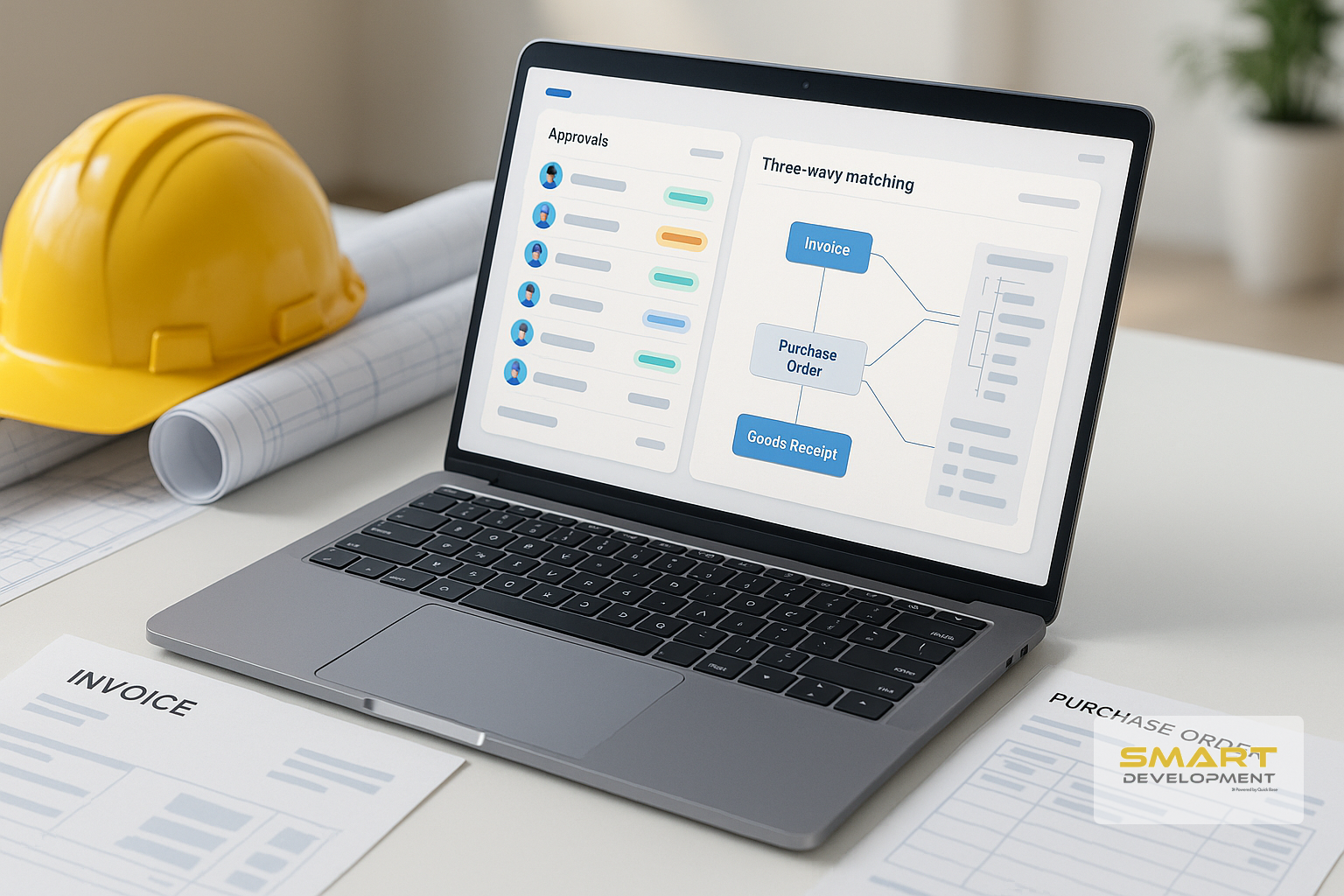 Laptop on a bright desk showing a supplier portal-style approvals dashboard with an invoice–PO–receipt matching panel and WBS cost structure, alongside a paper invoice, blueprint roll, and construction hard hat.