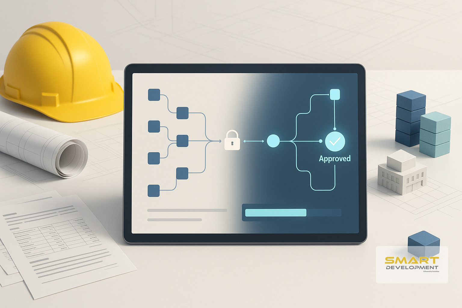 Light, realistic scene showing a construction blueprint and device with a clean workflow diagram transforming scattered spreadsheets and emails into an organized approval flow with a lock and committed-funds indicator.