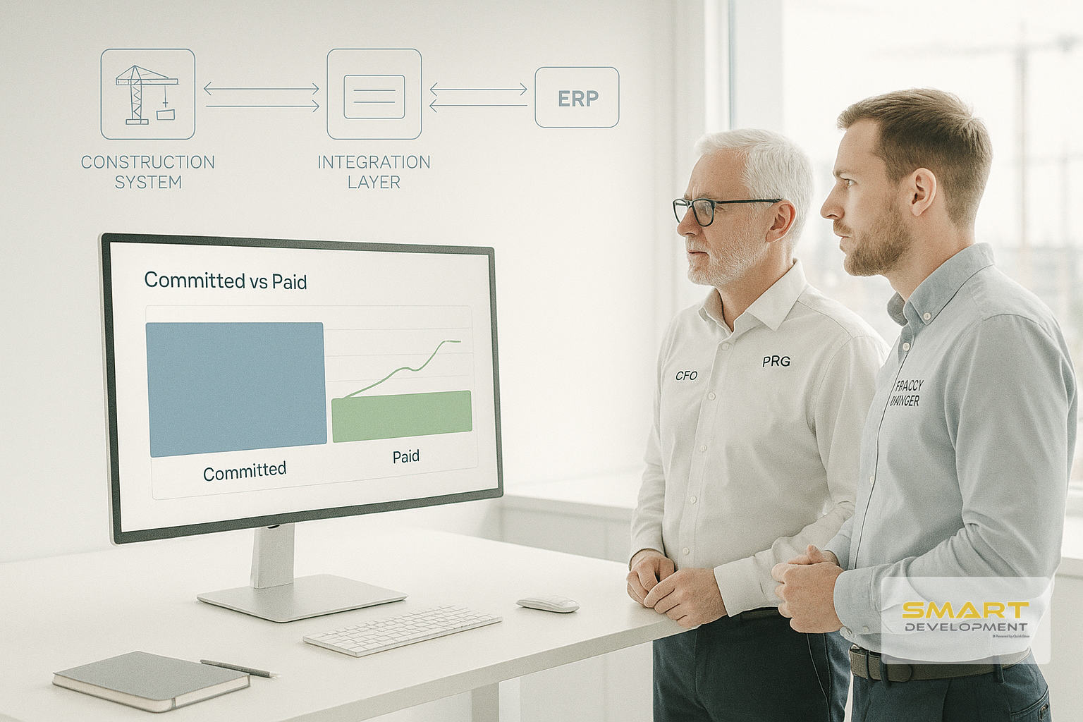 Un CFO y un Project Manager revisan en una pantalla un tablero financiero de obra con committed vs pagado, mientras un overlay sutil muestra flujos de datos bidireccionales entre sistema de obra, capa de integración y ERP.