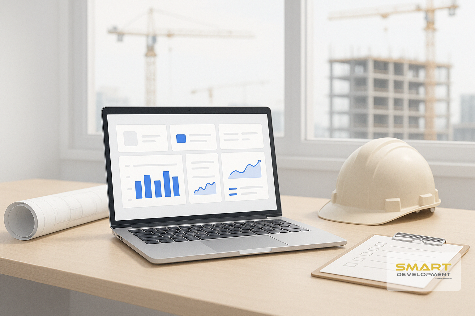 Laptop in a construction site office showing a clean five-tile KPI dashboard with charts, next to blueprints and safety helmet, with a blurred construction site visible in soft daylight.
